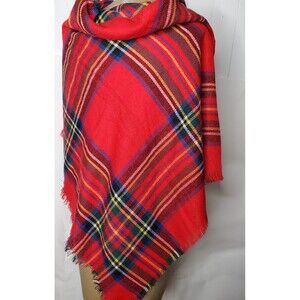 Serra Shawl Wrap Red Blue Gold Plaid Oversized Blanket Reversible Fringe 54"x54"